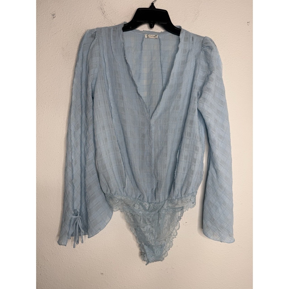 Free People Intimately Baby Blue Bodysuit Lace Thong Long Sleeve Womens XS